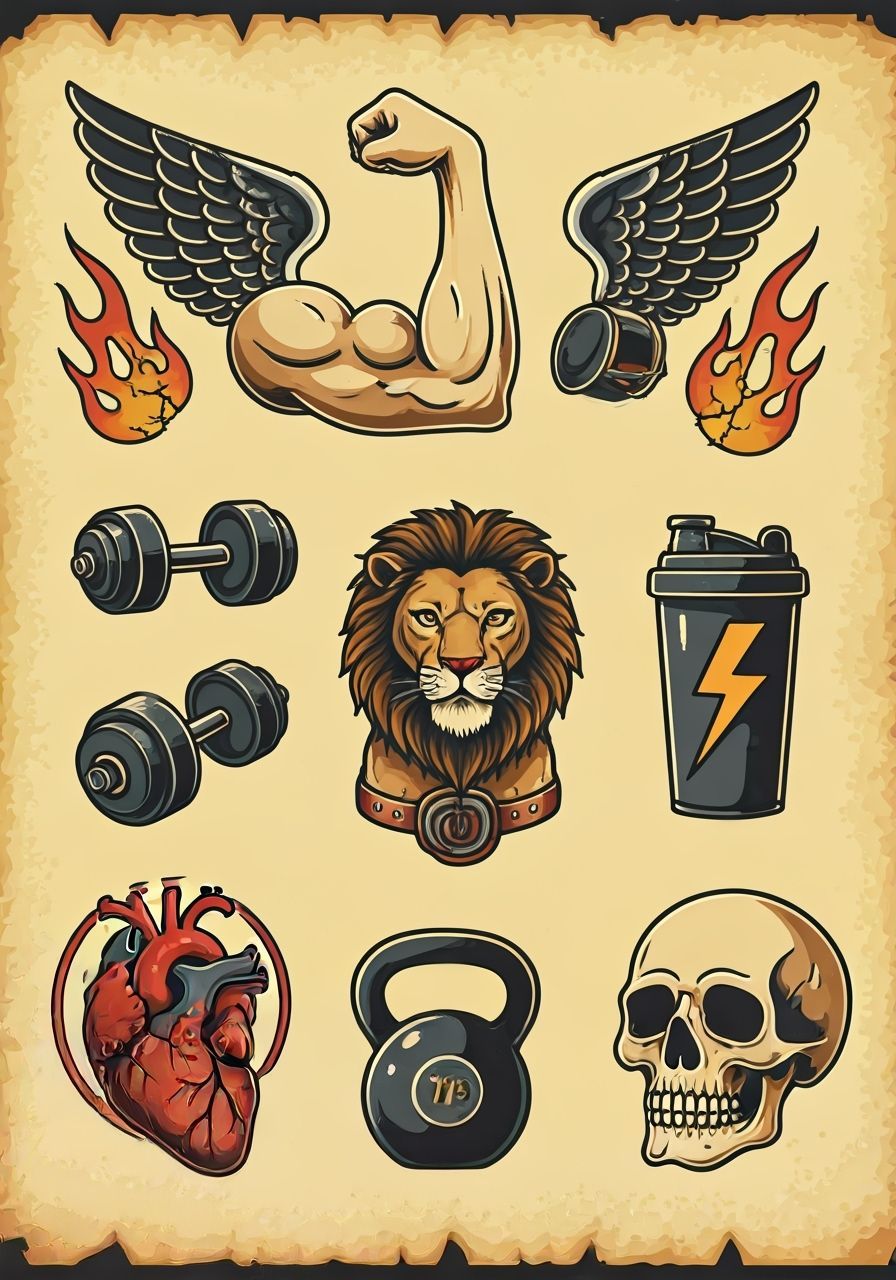 Weightlifting Flash Tattoo Sheet in Vintage Style
