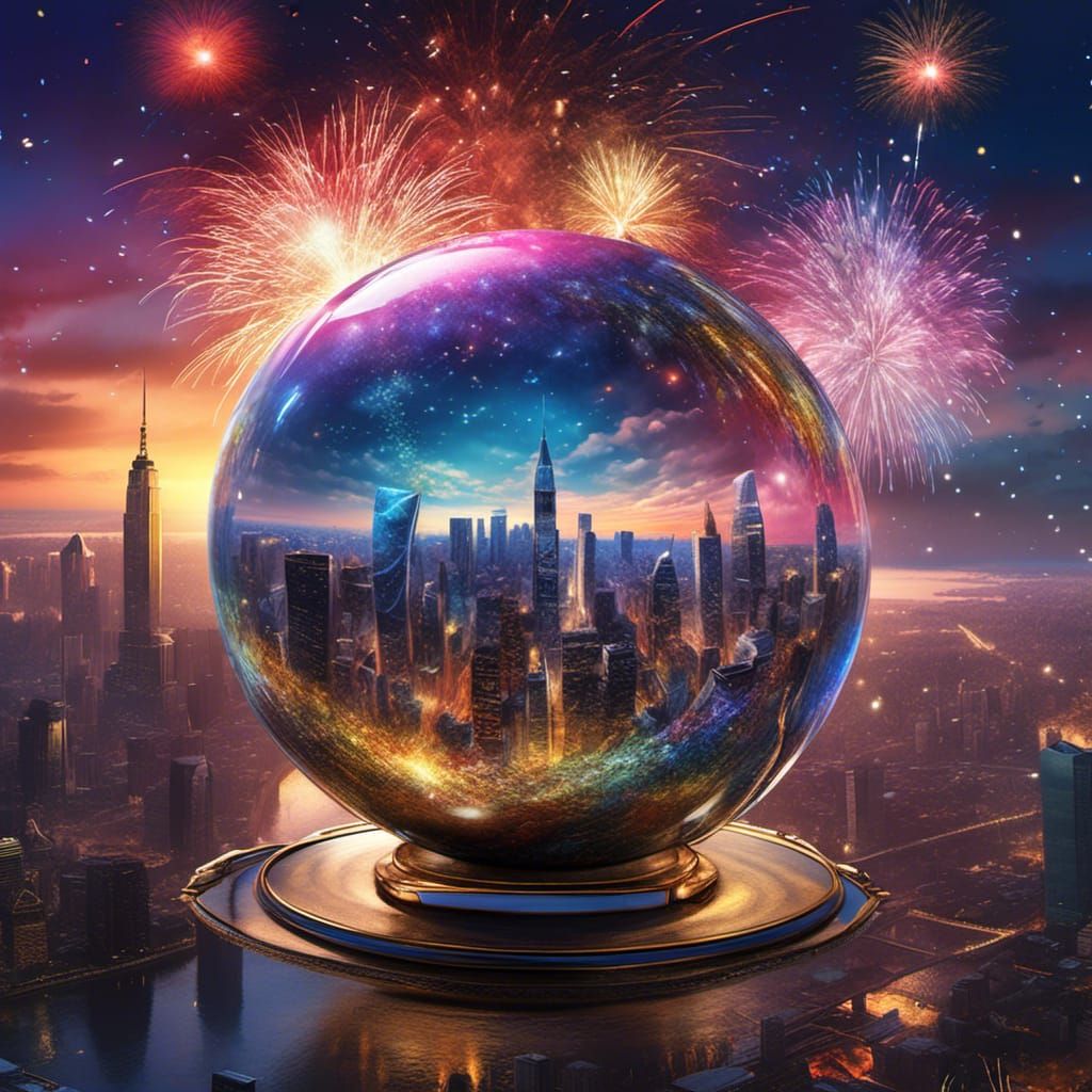 Glittering 2024 Sphere in Watercolor Cityscape