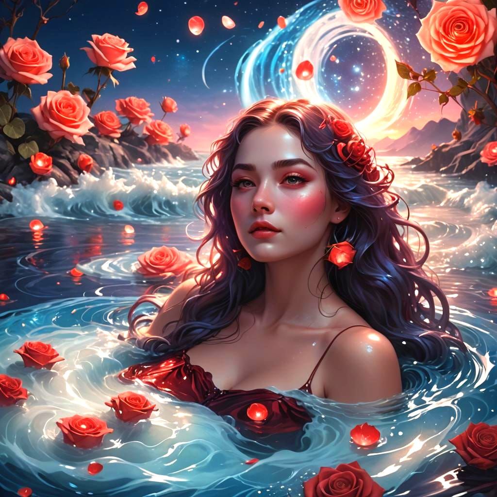Girl in Moonlight with Red Roses, Detailed Digital Art