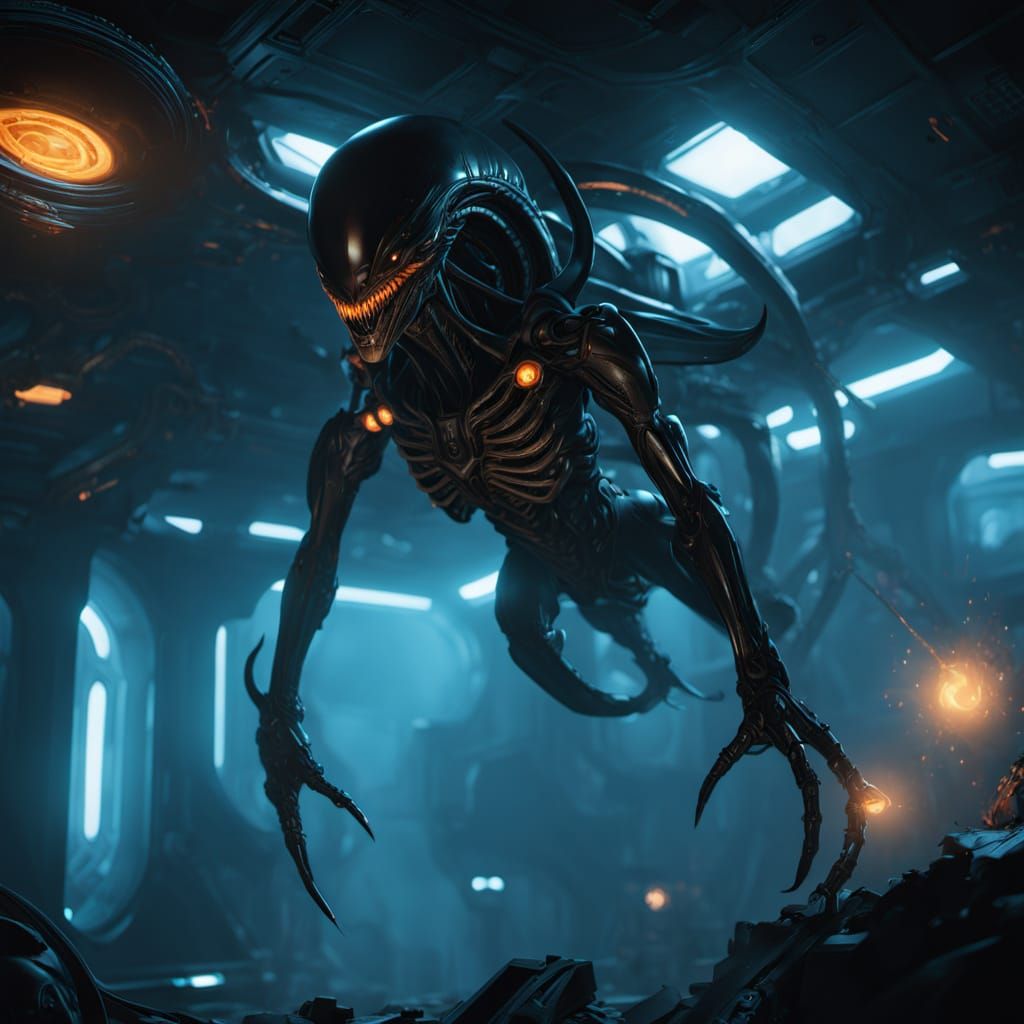 Bioluminescent Xenomorph Queen in Zero Gravity
