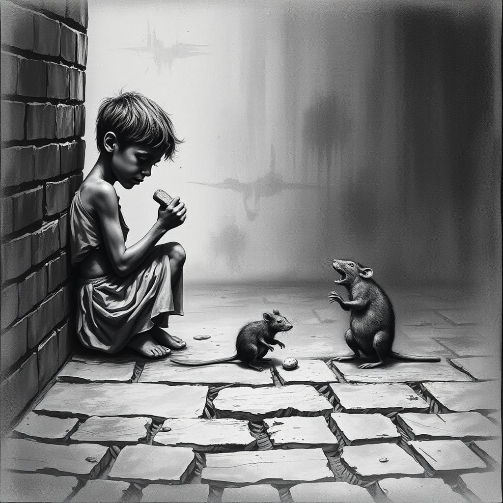 Starving Boy Shares Bread with Snarling Rat in Grimy 19th-Ce...