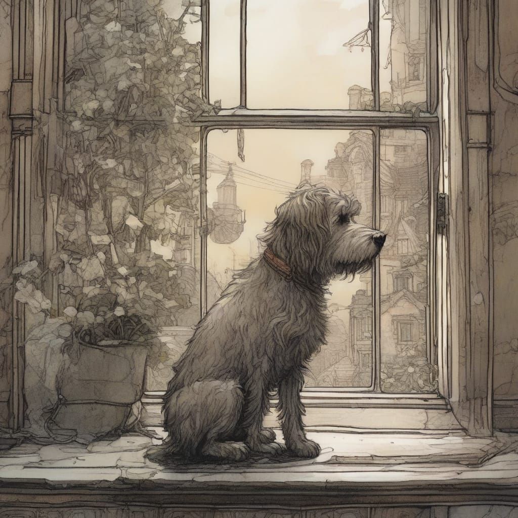 Little Dog Contemplates the World Outside in Intricate, Meti...