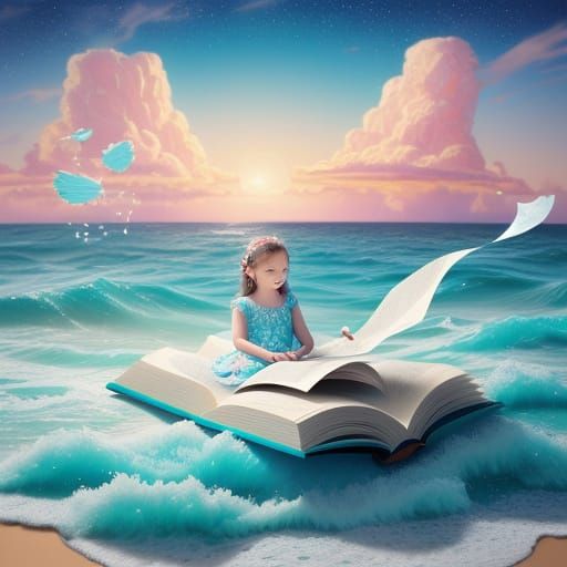 Enchanted Beach: Girl Reads in Floating Book