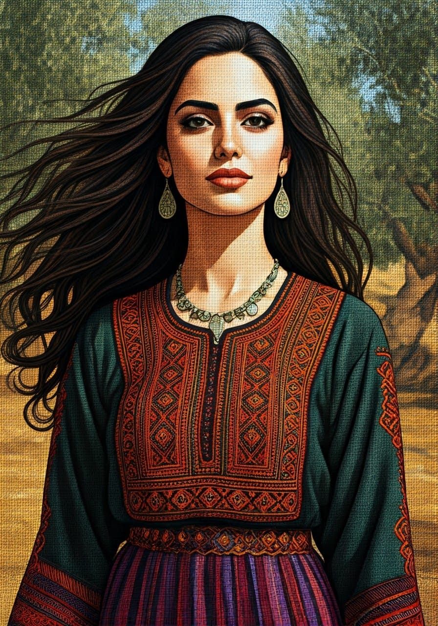 Palestinian Woman Portrait in Pointillist Style