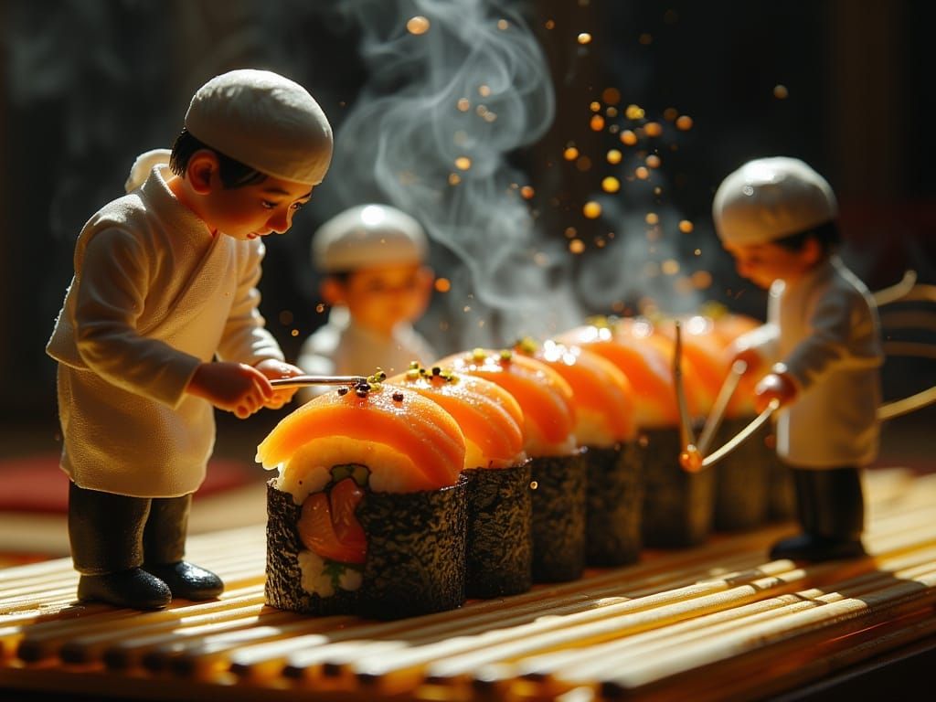 Miniature Japanese Chefs Prepare Sushi: Macro Photography