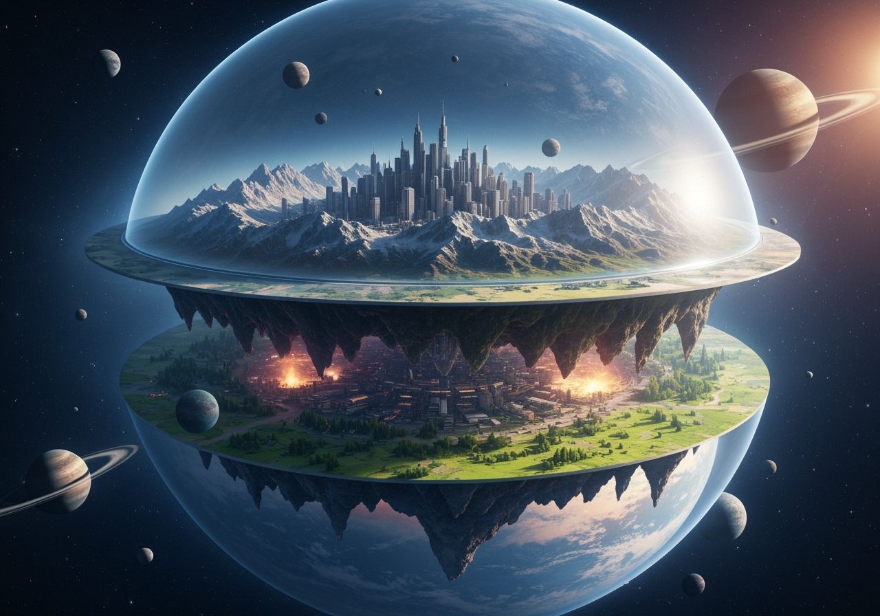 Surreal Multi-Layered Planet with Mountain Cityscape