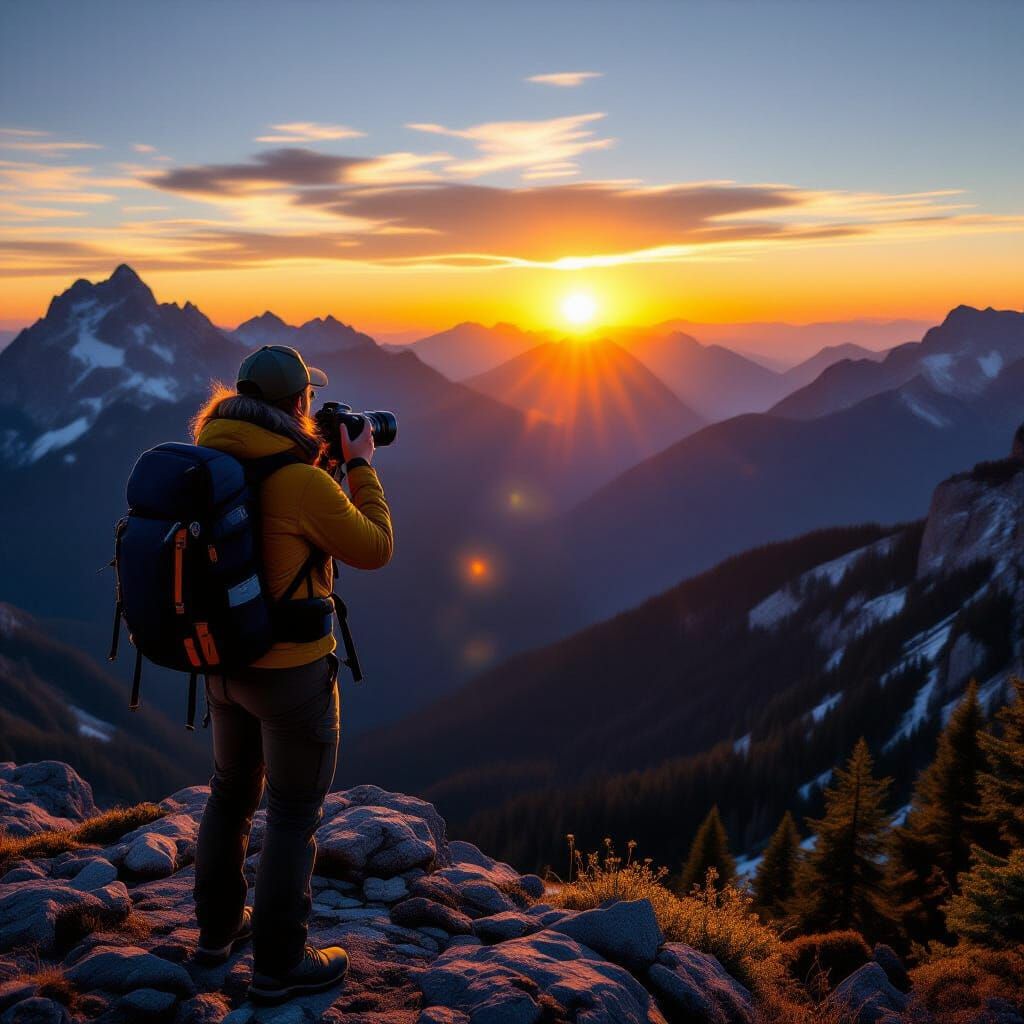 Photographer Silhouetted at Dawn Over Mountain Vista