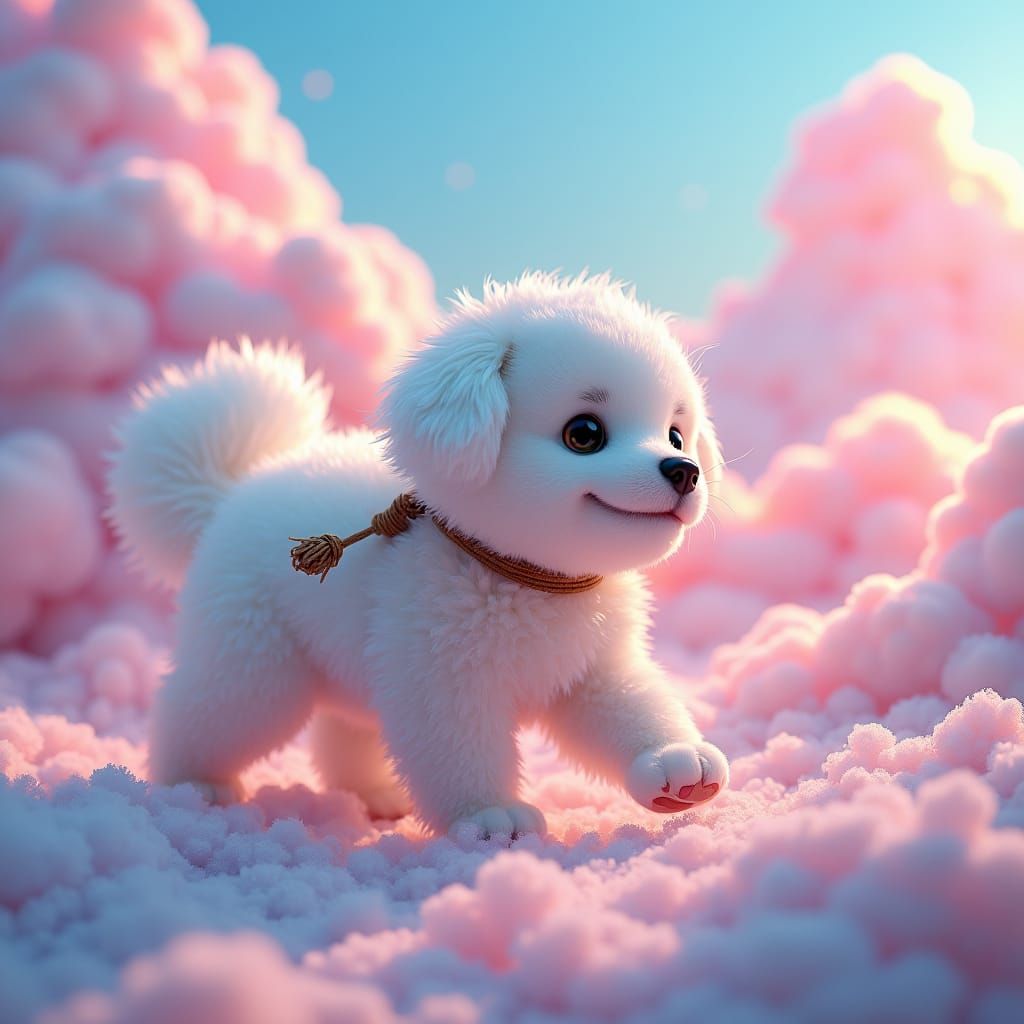 Fluffy Puppy's Whimsical Journey Through Pastel Cloudscape