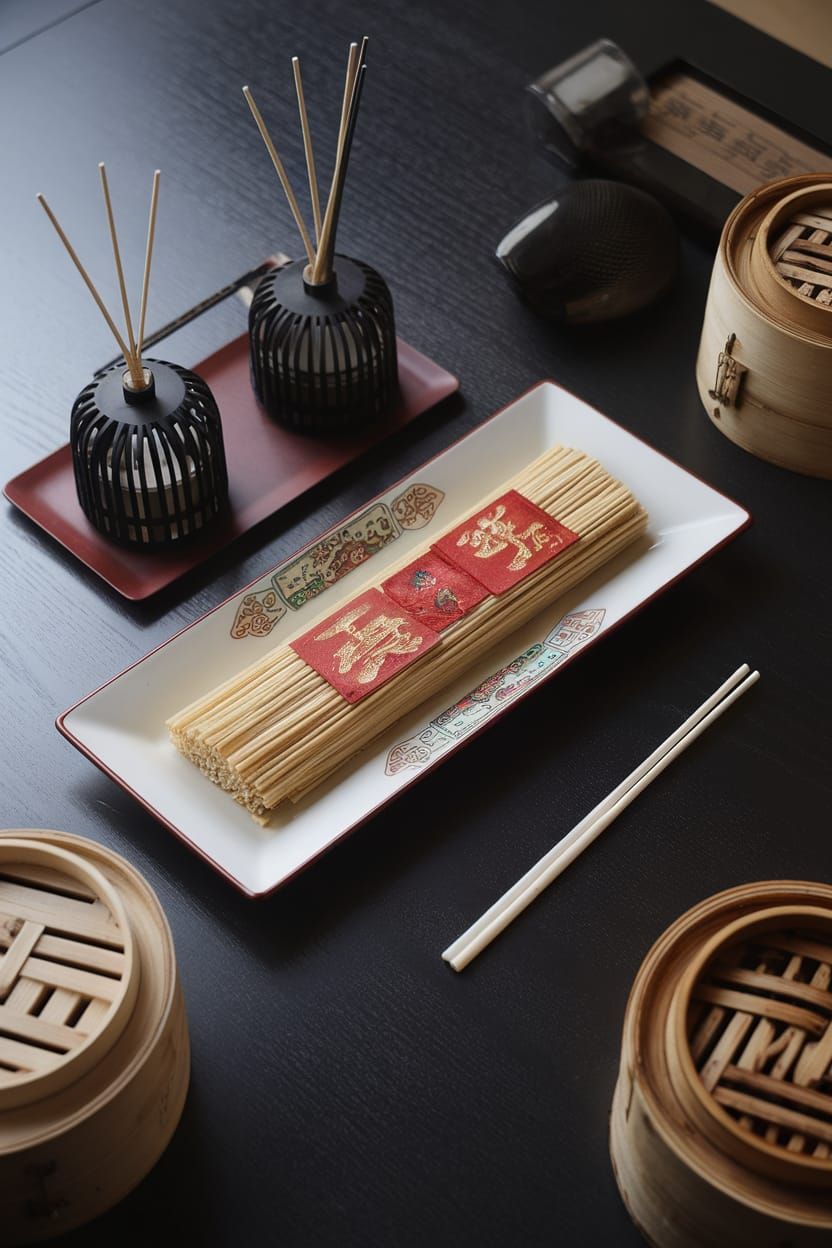 Elegant Noodle Dish with Chinese Artistic Plate