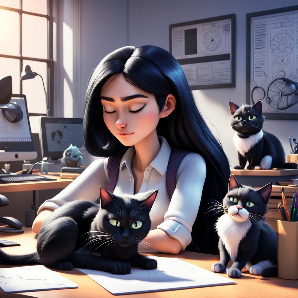 Girl Working at Desk with Cats in Pixar Style