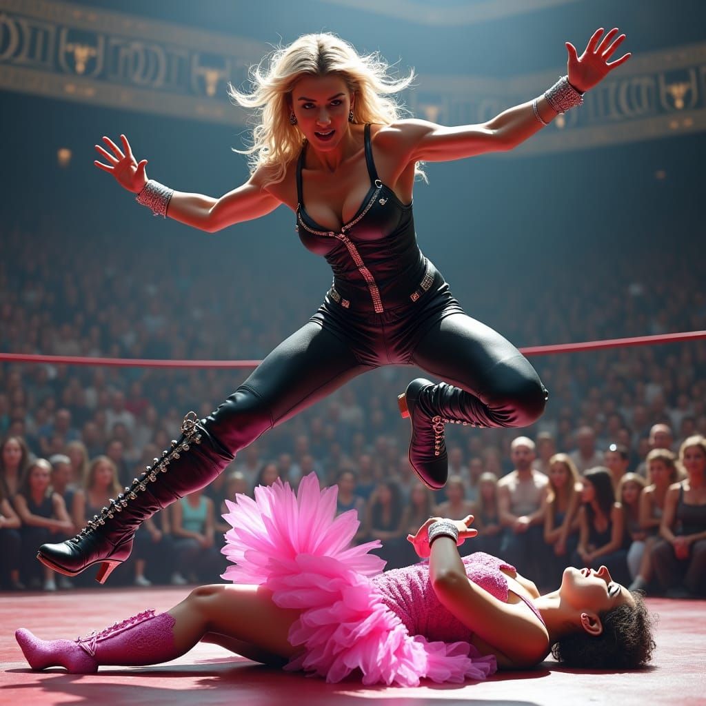 Female Wrestler Leaps in Fantasy Arena: Matte Painting