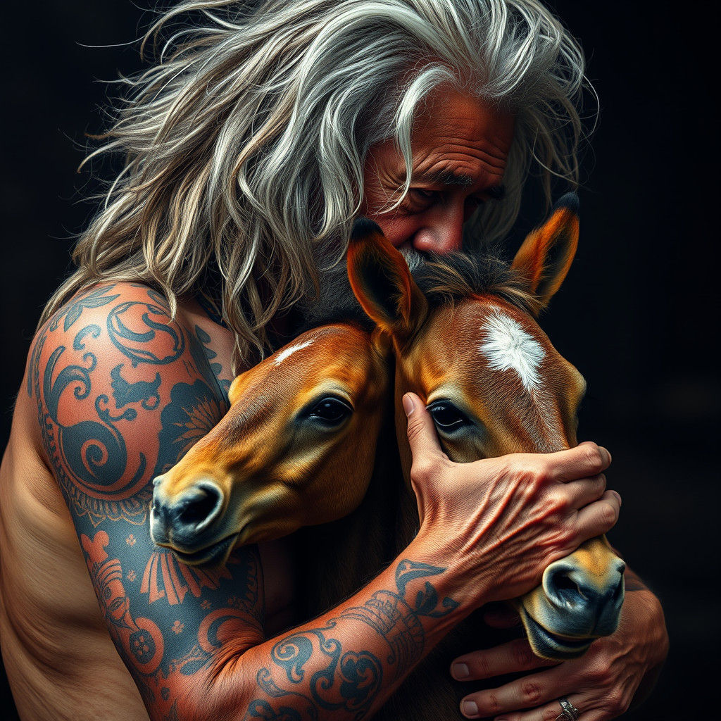 Elderly Man with Foal: Hyperrealistic HDR Portrait
