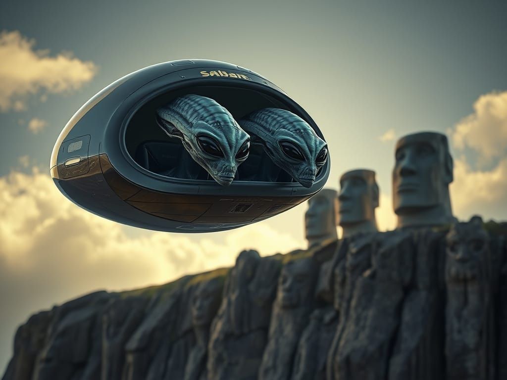 Aliens Visit Easter Island: Hyperrealistic Dark Fantasy