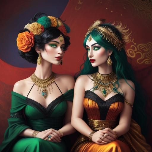 Gold-Skinned Woman with Peacock Feathers, Fauvism Style