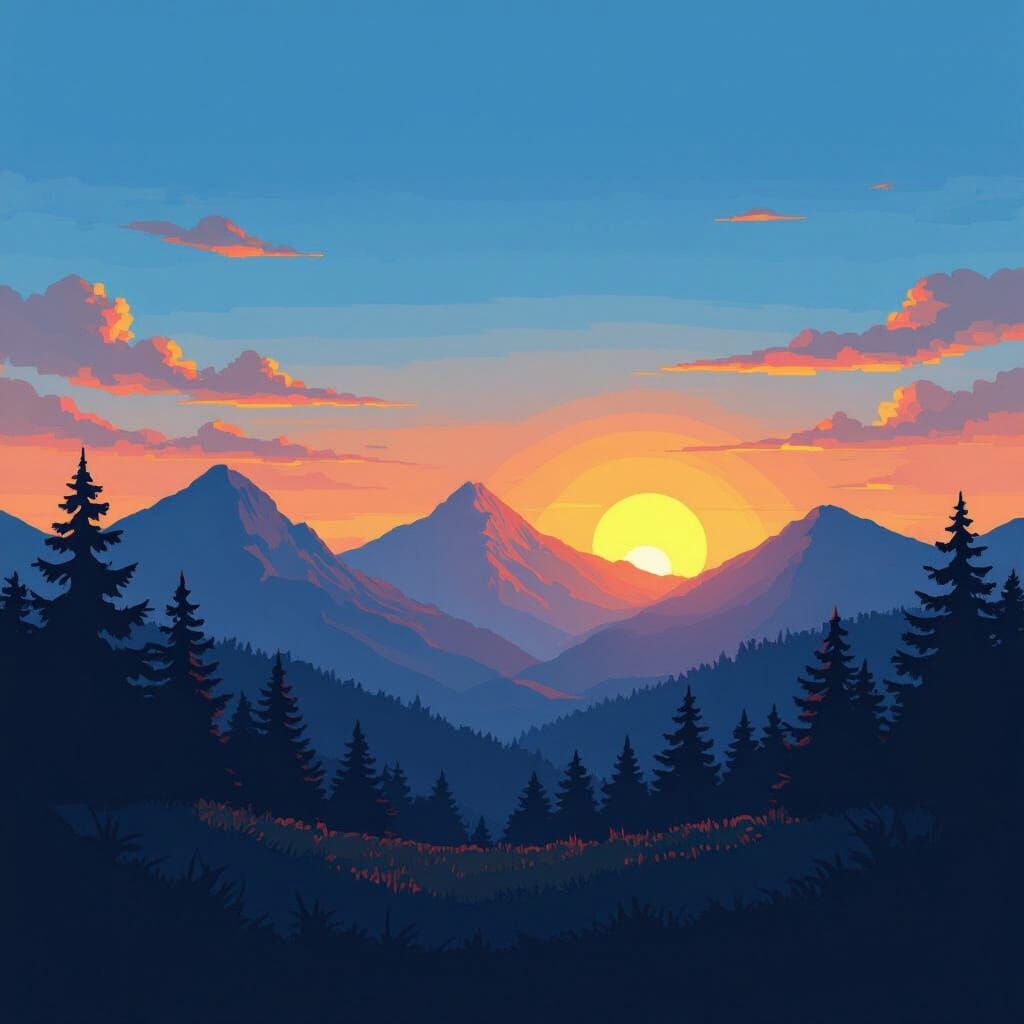 16-Bit Sunset Over Mountains in Pixel Art Style