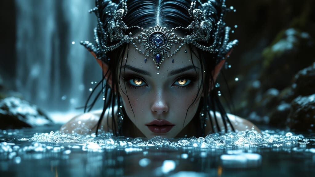 Anime Dark Elf Goddess Bathes in Waterfall
