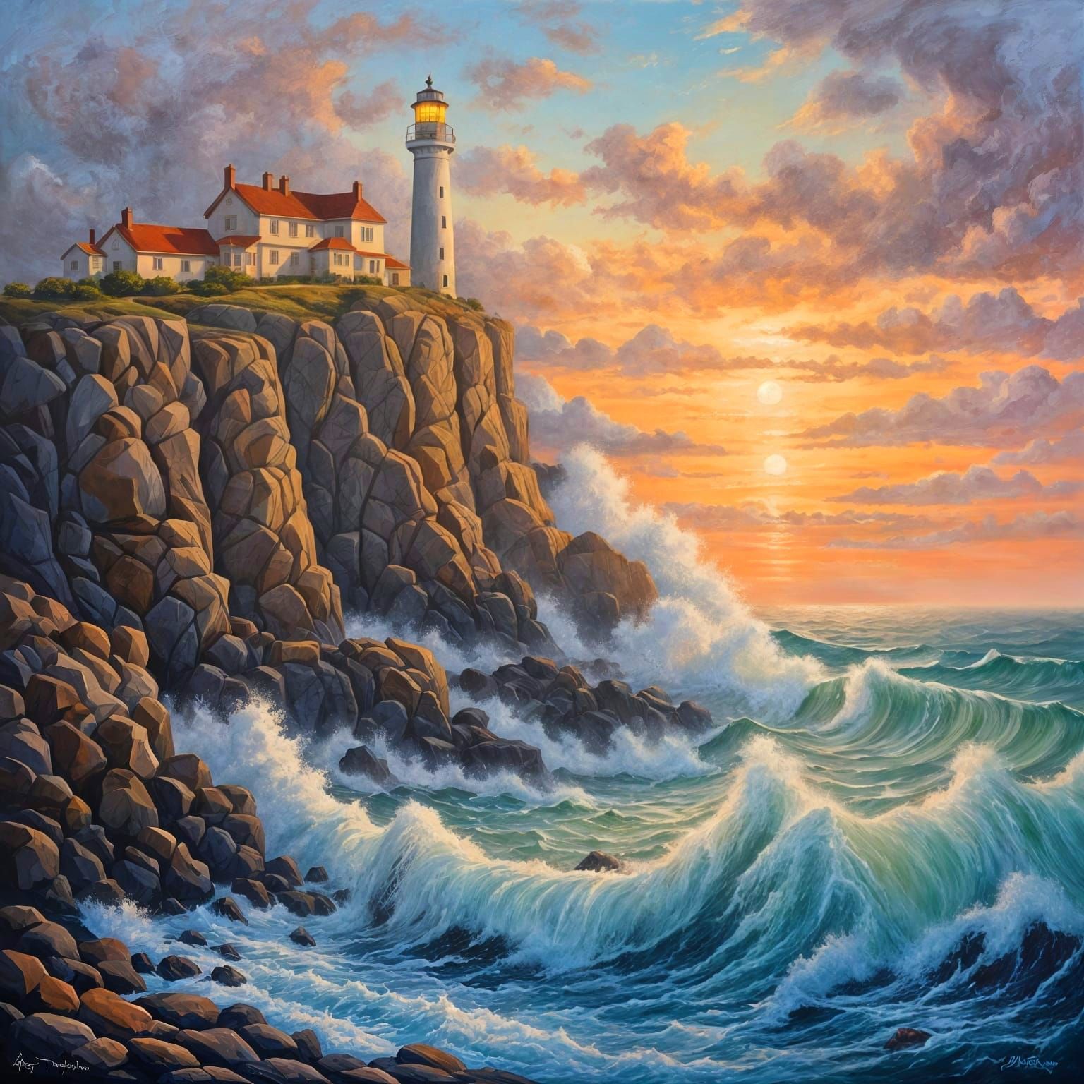 Coastal Lighthouse at Dawn: Oil Painting on Canvas