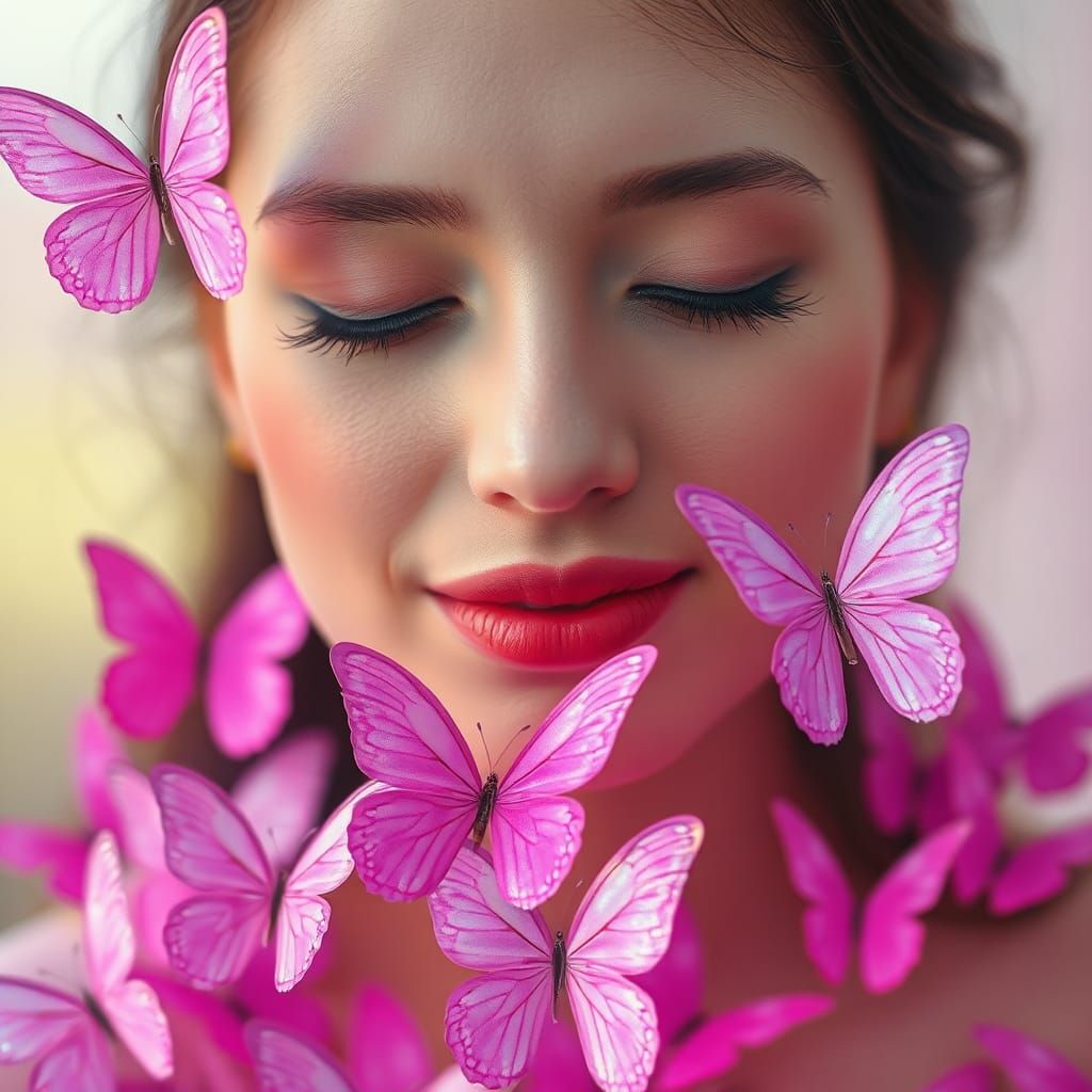 Woman Kissing Butterflies in Dreamlike Impressionistic Style