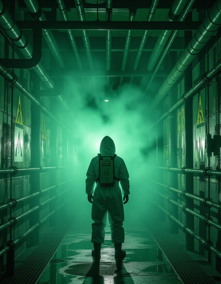 Lone Figure in Toxic Green Mist Industrial Labyrinth