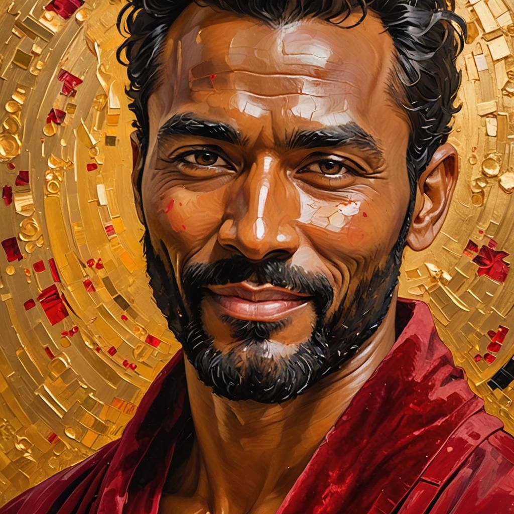 Smiling Man in Red Bathrobe with Golden Halo