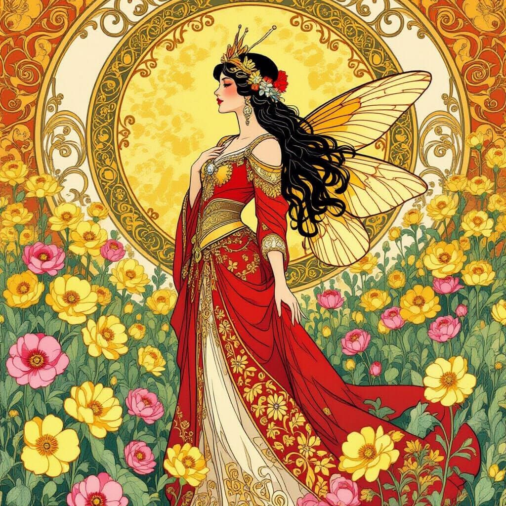 Queen Bee in Art Nouveau Style with Flowers