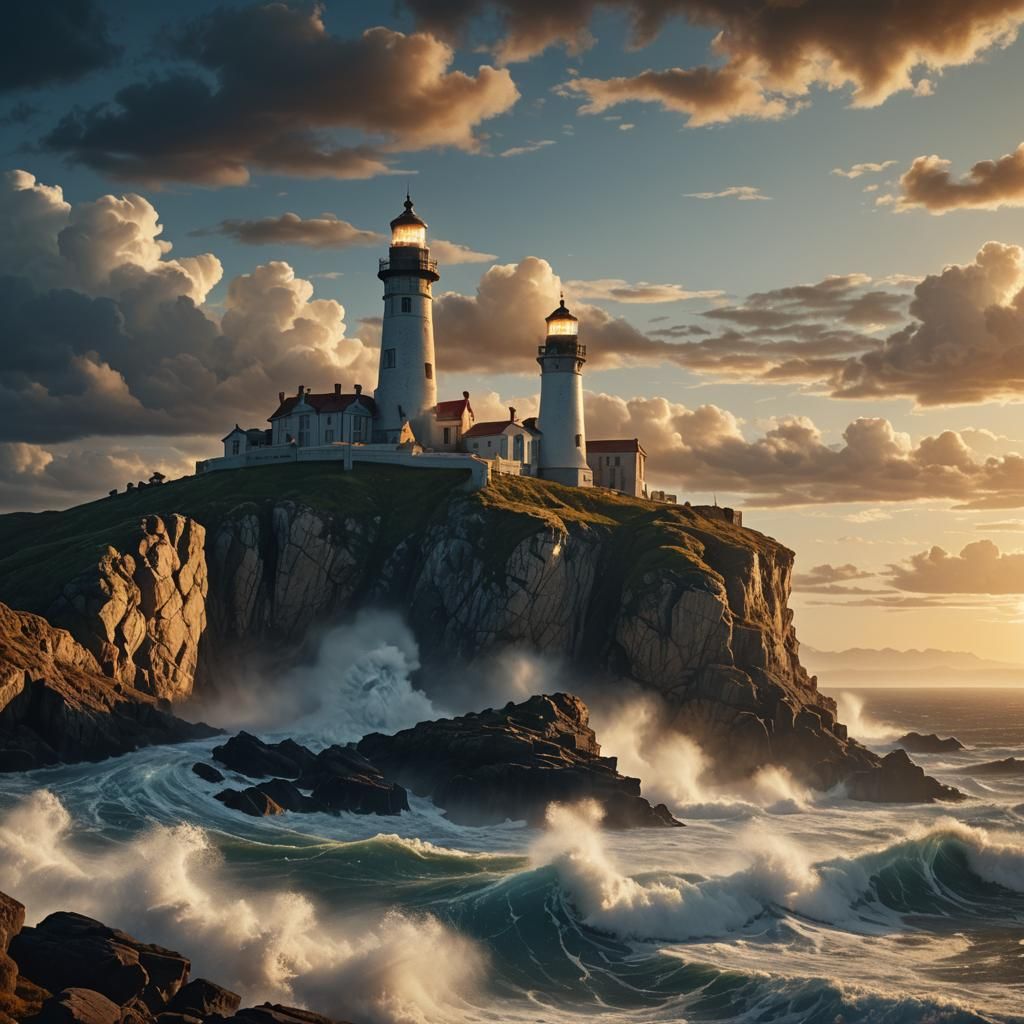 Majestic Lighthouse on Cliffside: Baroque Cinematic Art