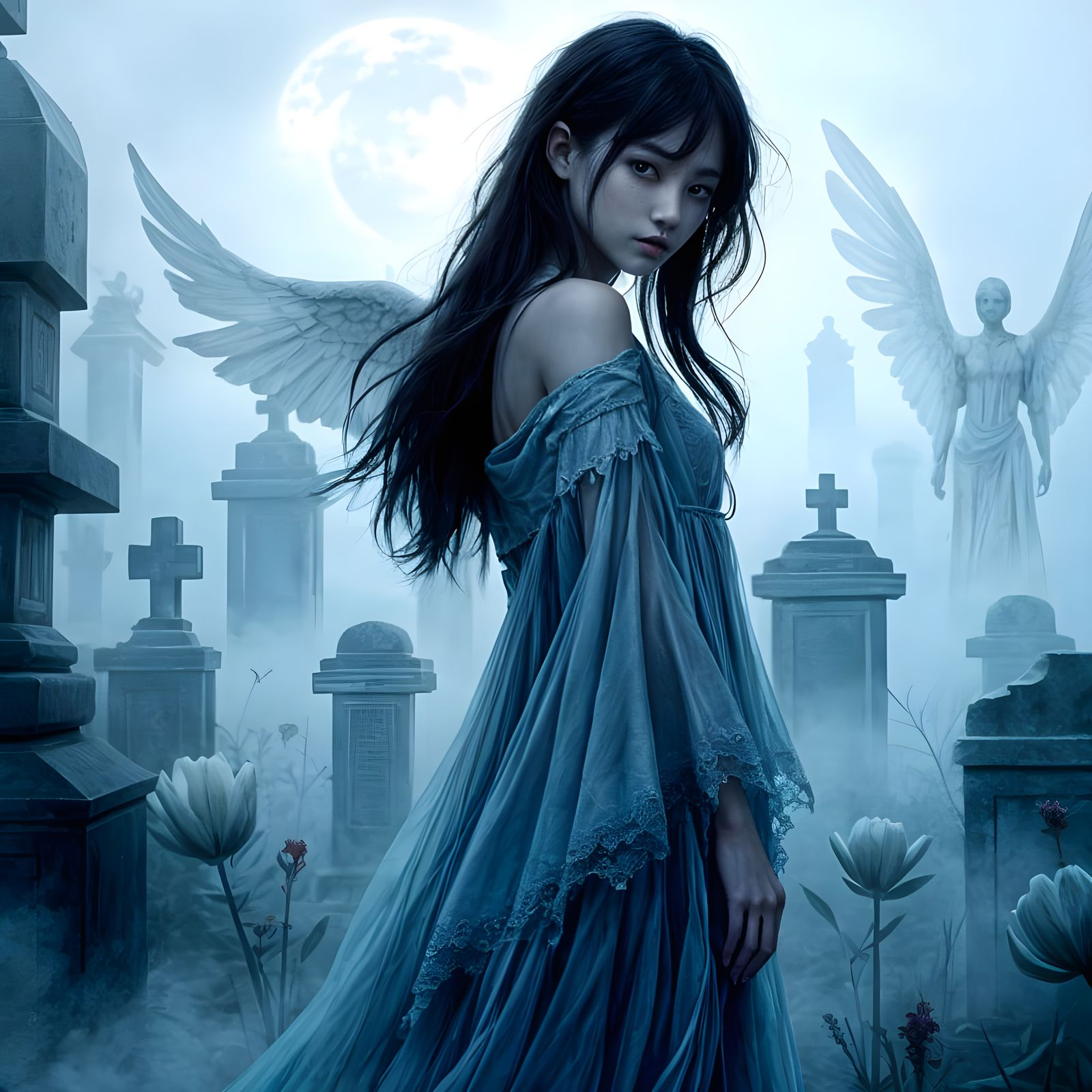 Ethereal Angel of Death in a Haunting Graveyard Scene