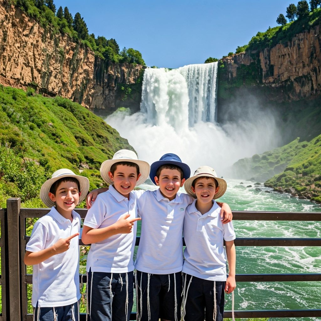 Boys Admiring Waterfall Landscape in Photo-Realistic Style