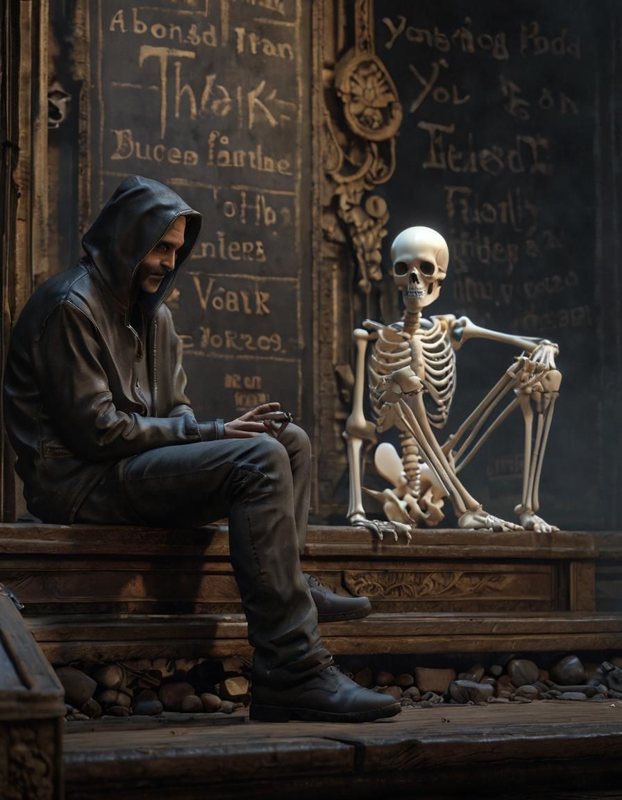 Man Conversing with Skeleton Rendered in 3D