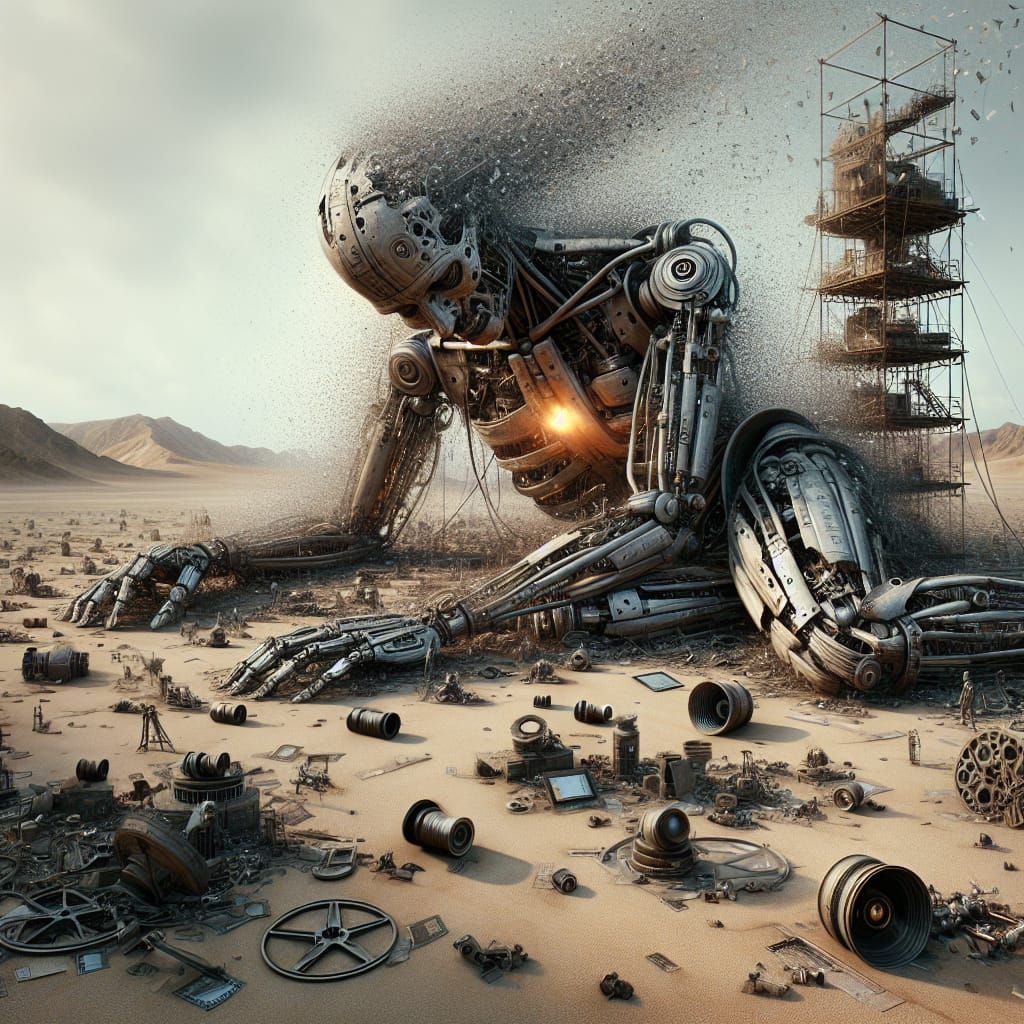 Monumental Decaying Motion Sculpture in Desert Landscape