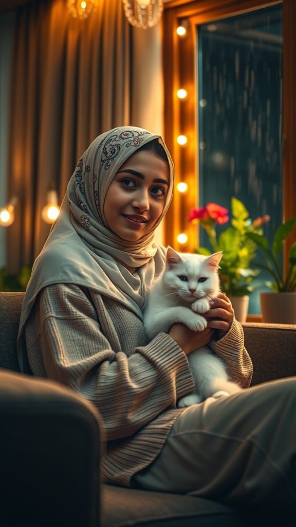 Serene Woman with Hijab in Ambient Lighting