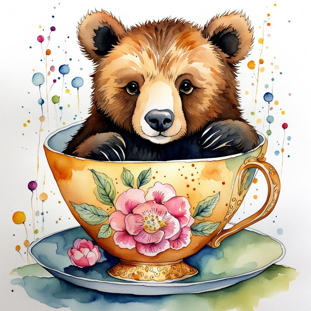 Whimsical Watercolor Bear Teacup Illustration