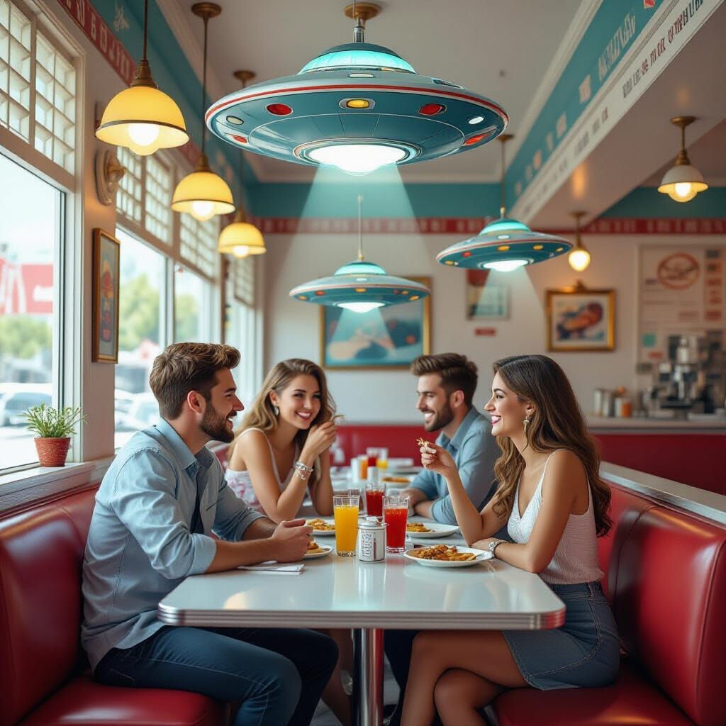 Retro Diner Scene with Flying Saucer Pancakes