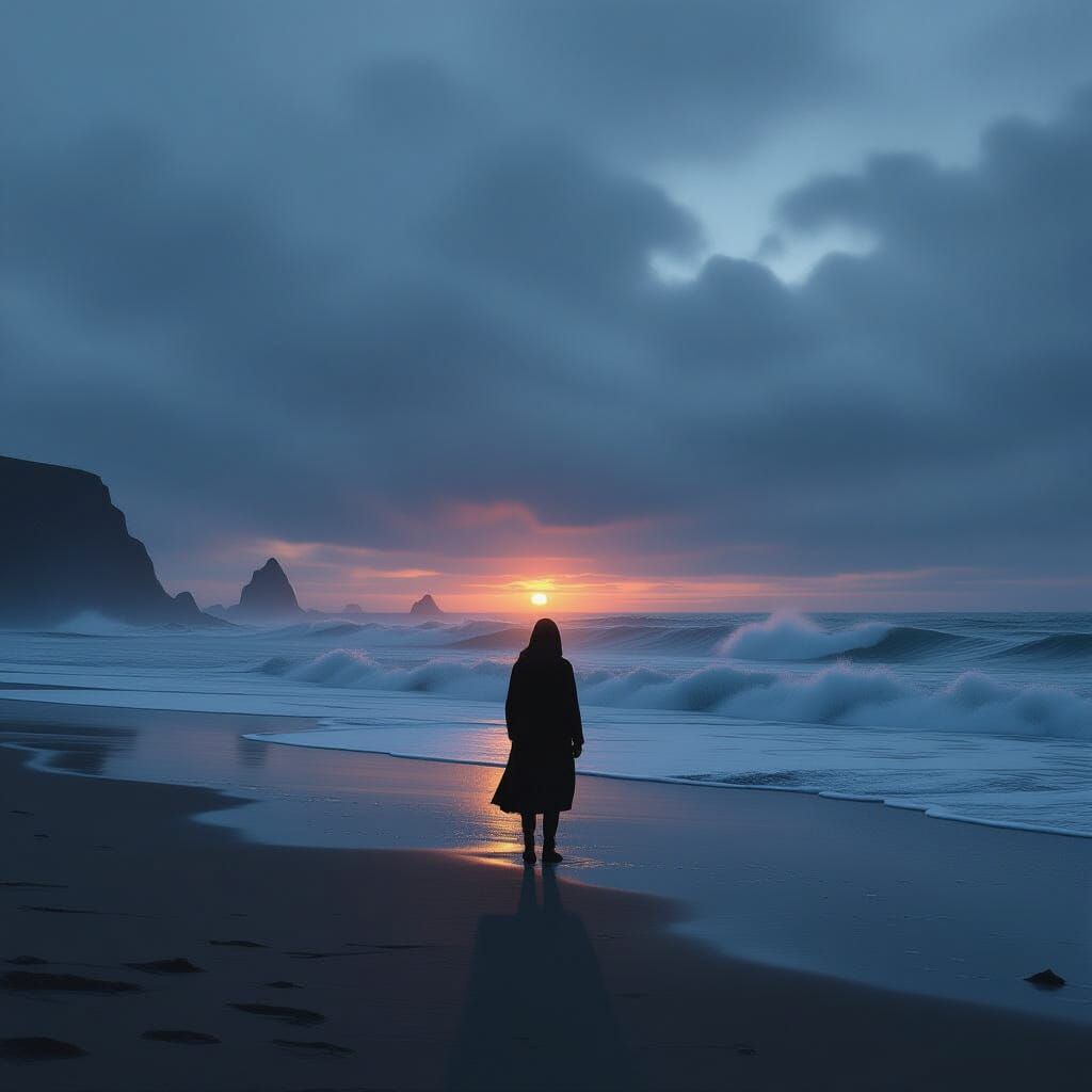 Lonely Figure on Windswept Beach at Dusk