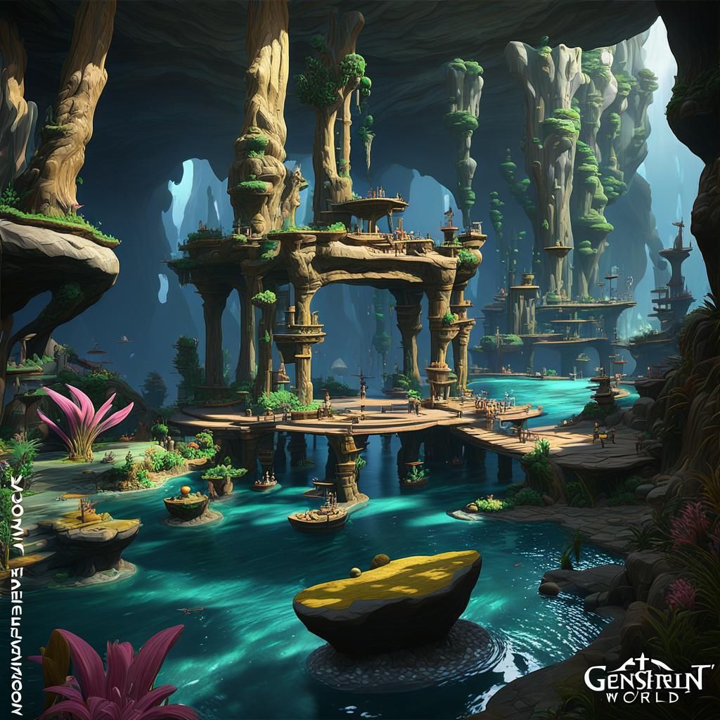 Mysterious Underwater Cave in Anime Style