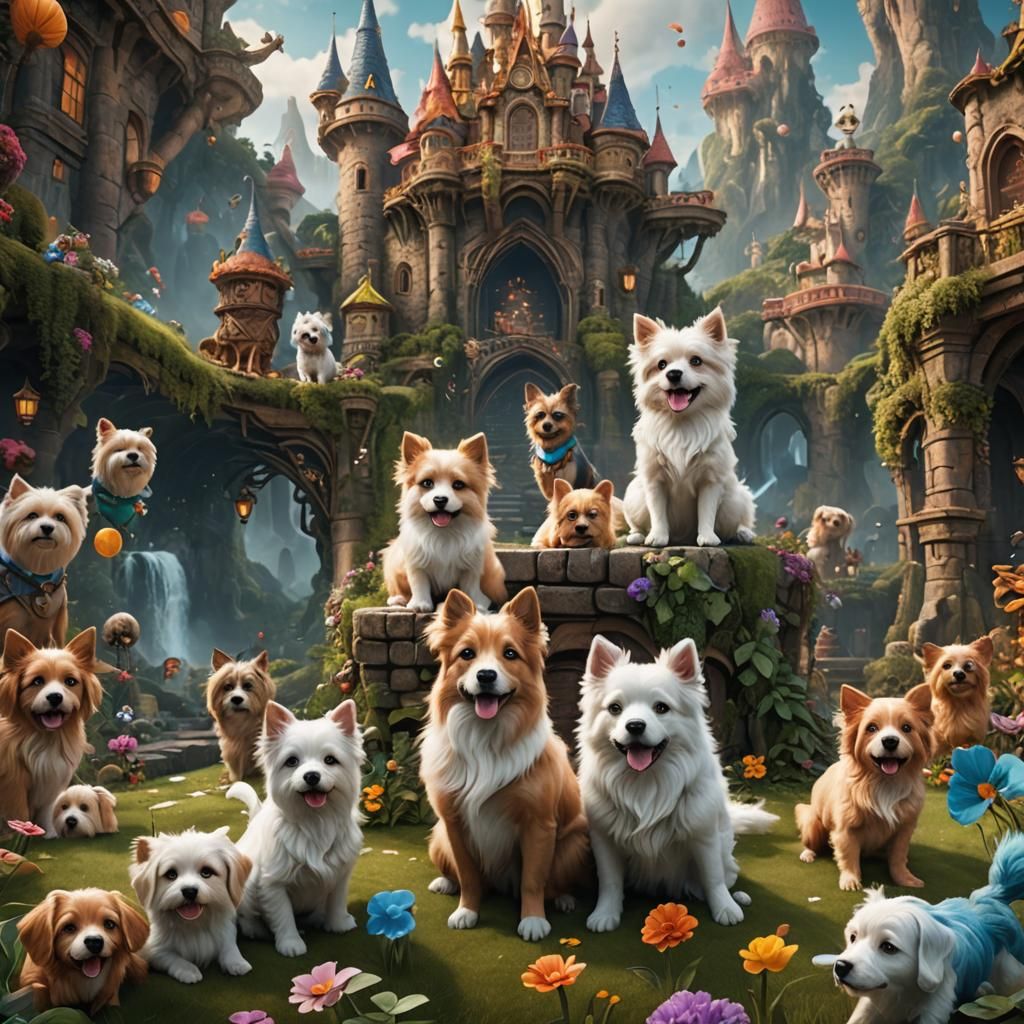 Dream Land: Detailed Matte Painting of Cute Dogs