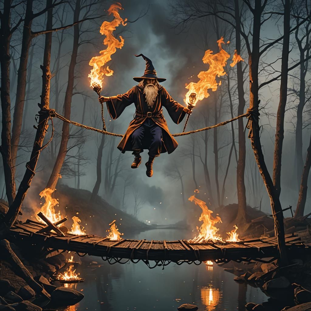 Wizard on Burning Bridge at Night