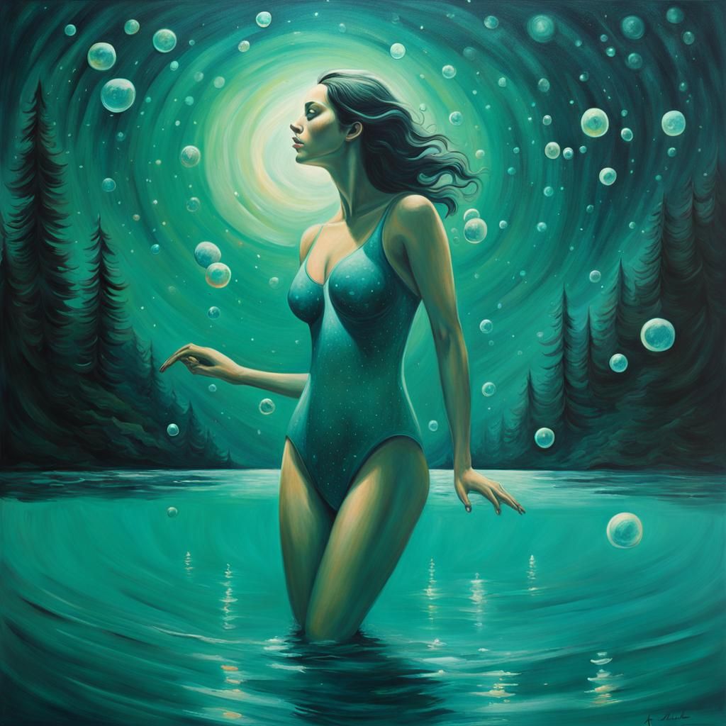 Woman Swimming in Starry Lake: Surreal Oil Painting