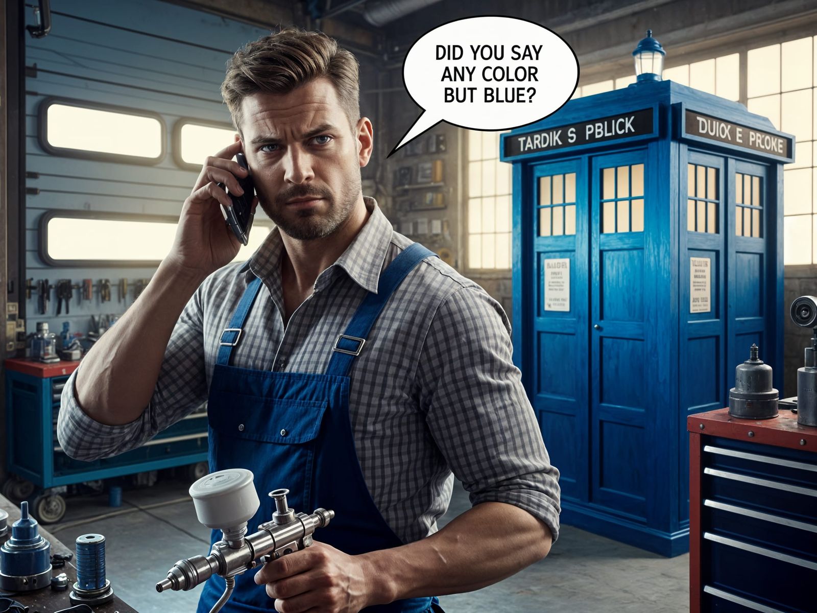 Car Shop Mechanic with TARDIS in Artstation Style