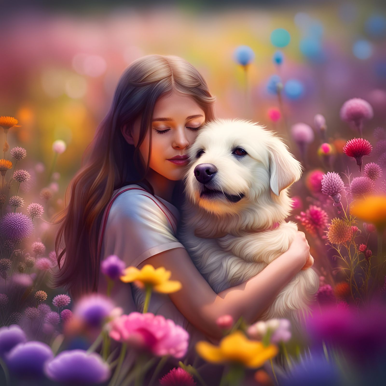 Girl and Dog Embrace in Floral Field: Anime Artwork