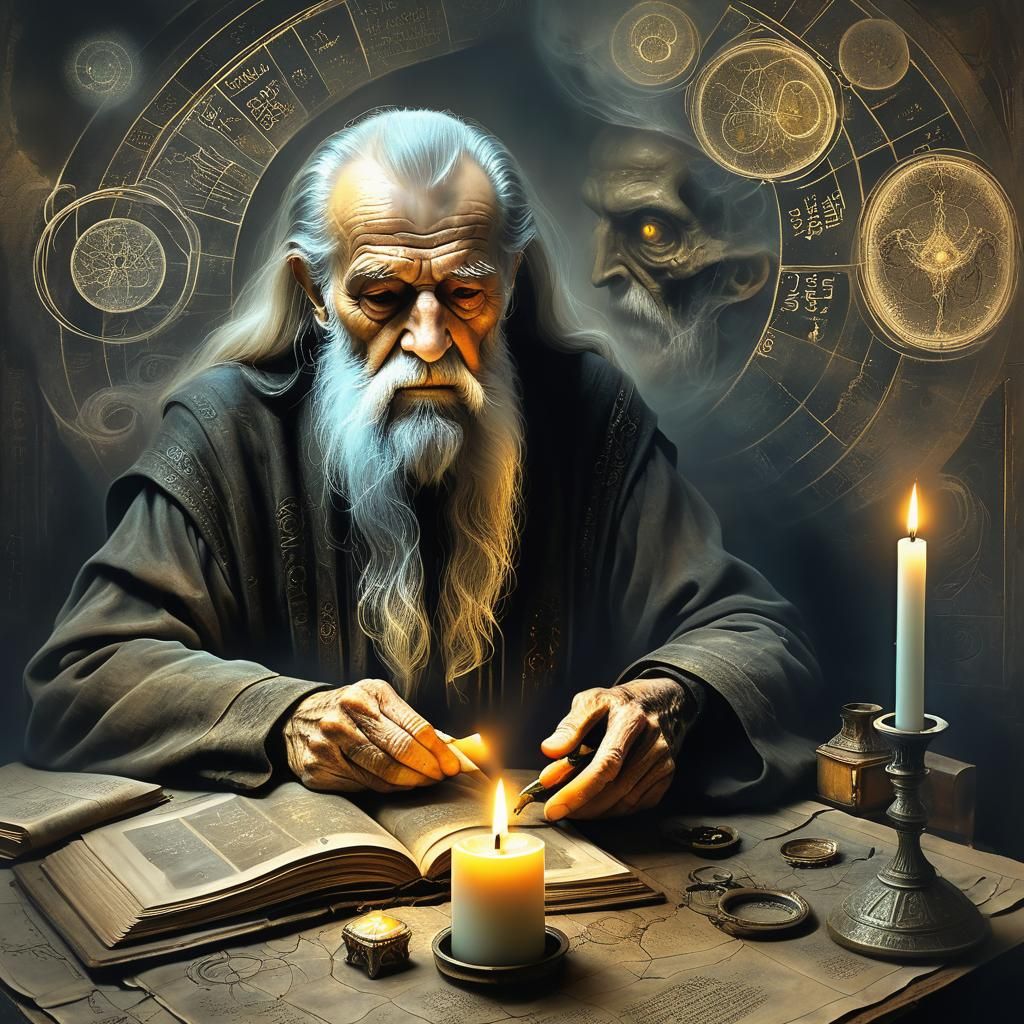 Mystical Elderly Man in Dimly Lit Study