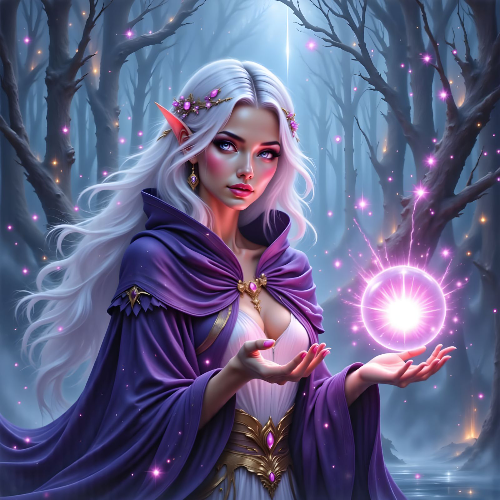 Enchanted Elven Sorceress in Shimmering Starlight Robes