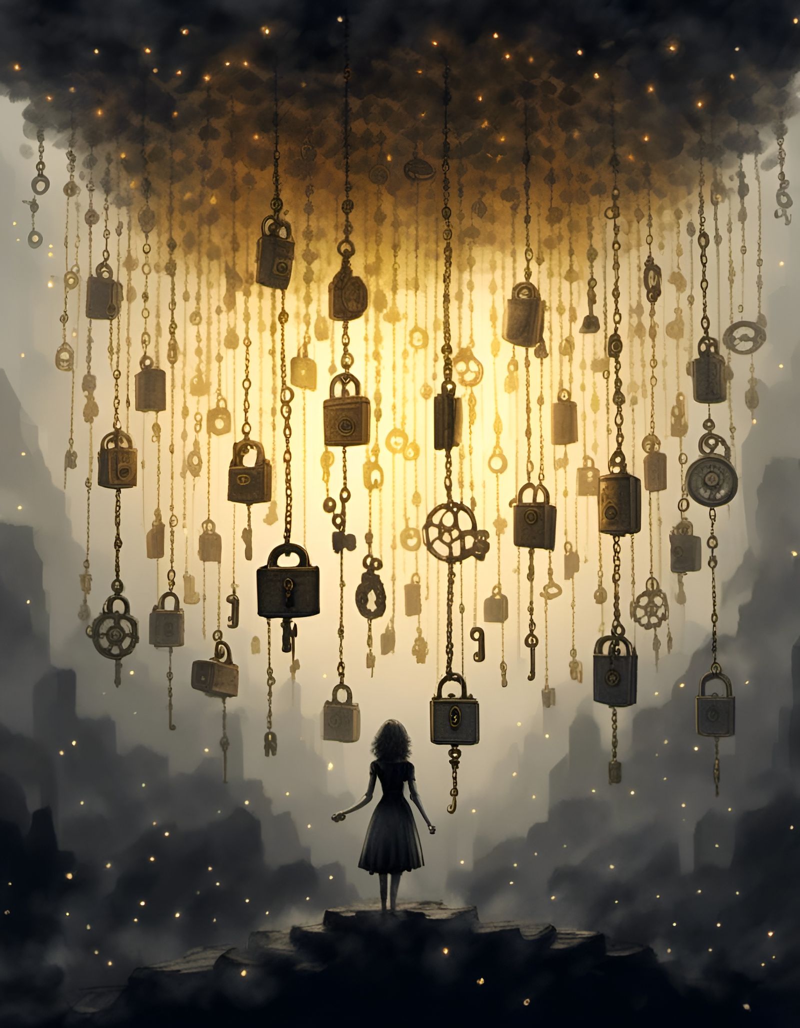 Girl Seeks Golden Key in Dark Fantasy Drawing