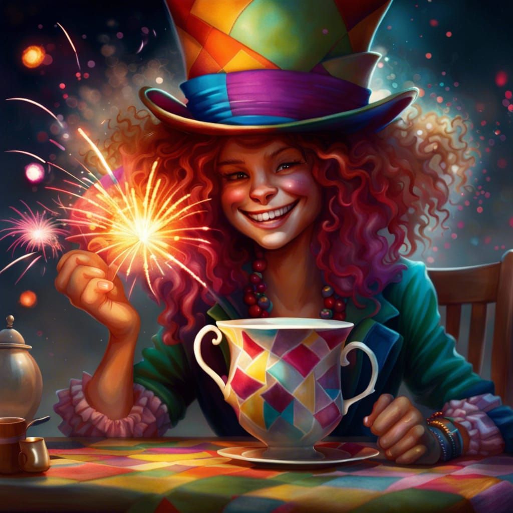 Mad Hatter's Fireworks Tea Party: Hyperrealistic Art