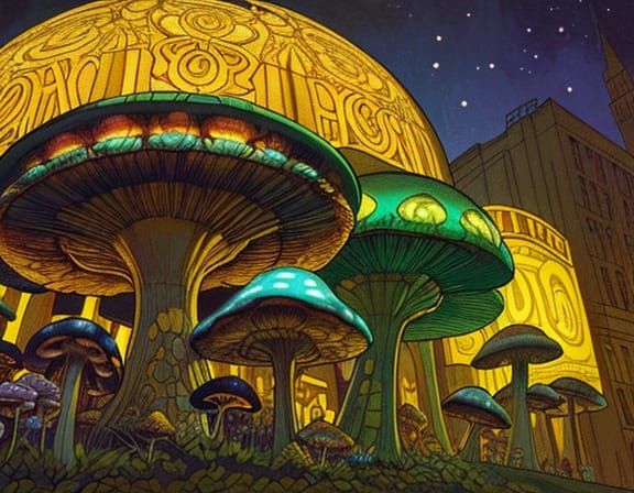 Art Deco Mushrooms in 1920s Cityscape