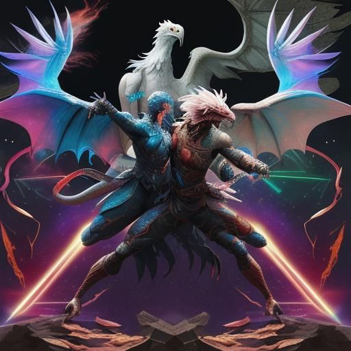 Epic Dragon Eagle Battle with Lasers, Astral Illustration