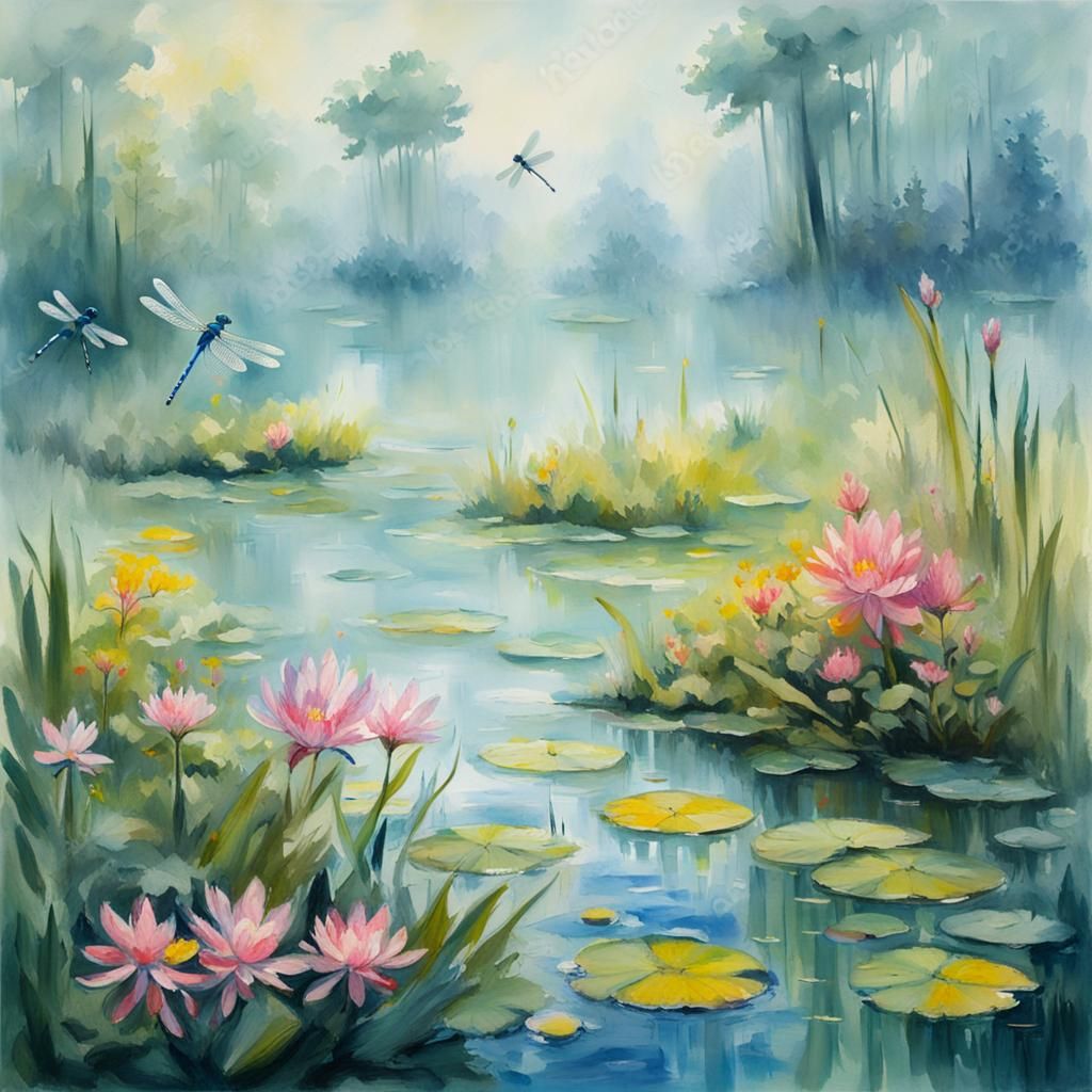 Foggy Swamp with Aquatic Flowers in Gouache Style