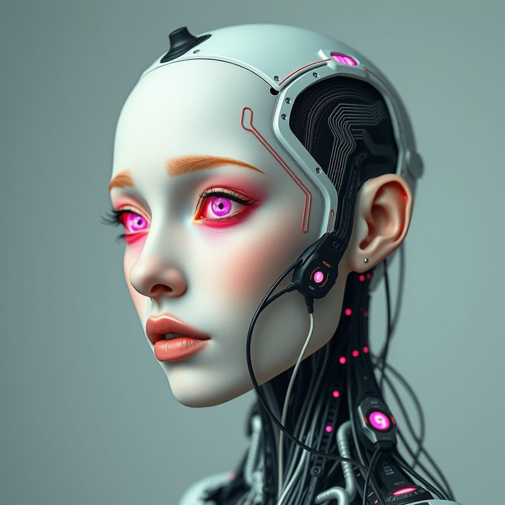 Cybernetic Woman with Pink Eyes in Glitch Photography Style
