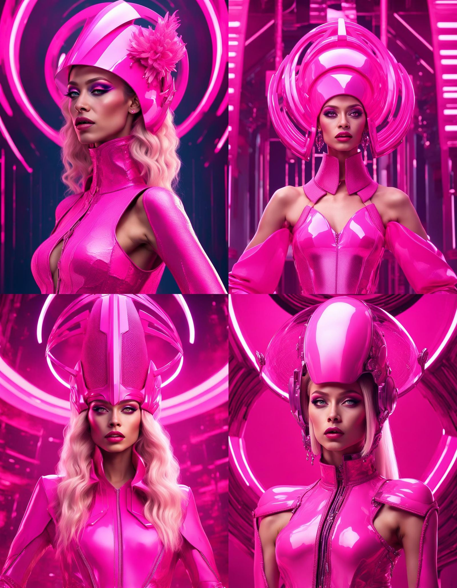 A beautiful blonde female pop artist all pink sleek futuristic outfit, with huge headpiece center piece,