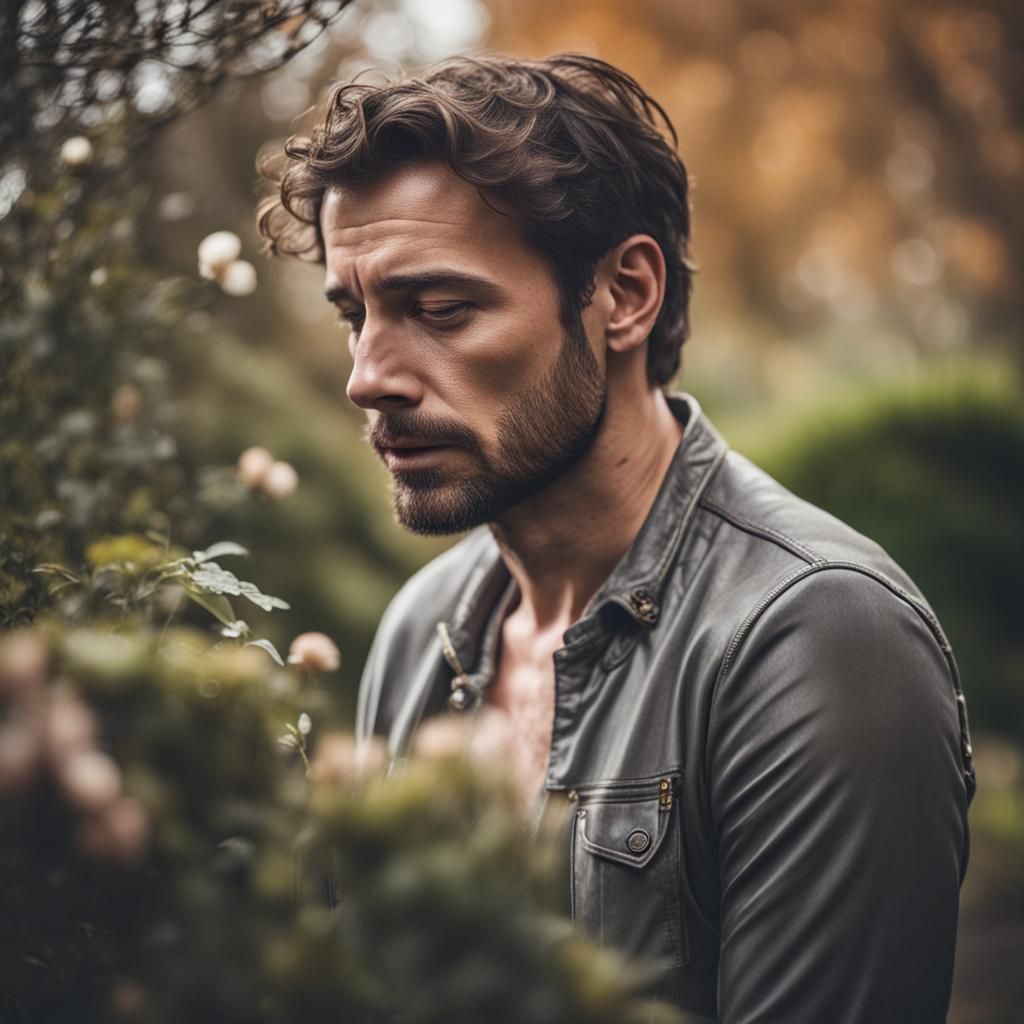 Naked Man Cries at Grave in Rainy Garden